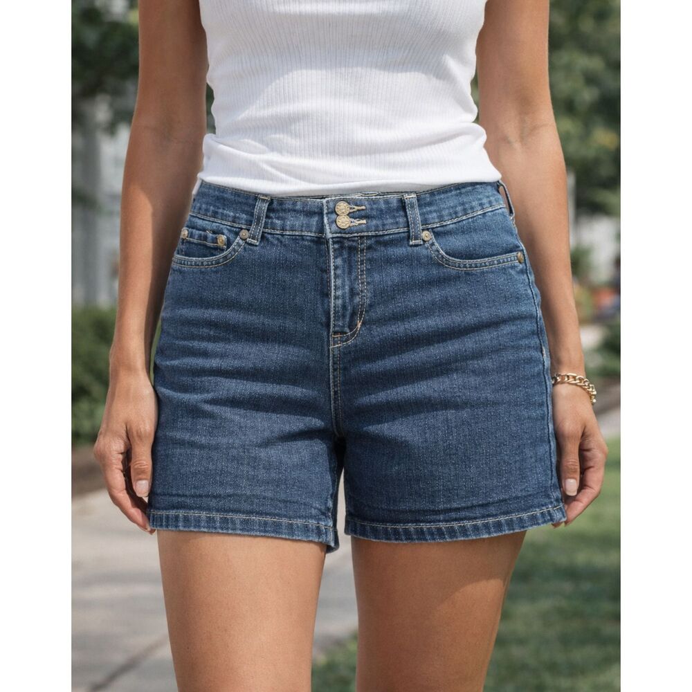 AK Anne Klein Denim Jean Shorts Size 4 Blue Mid Rise Stretch Double Button